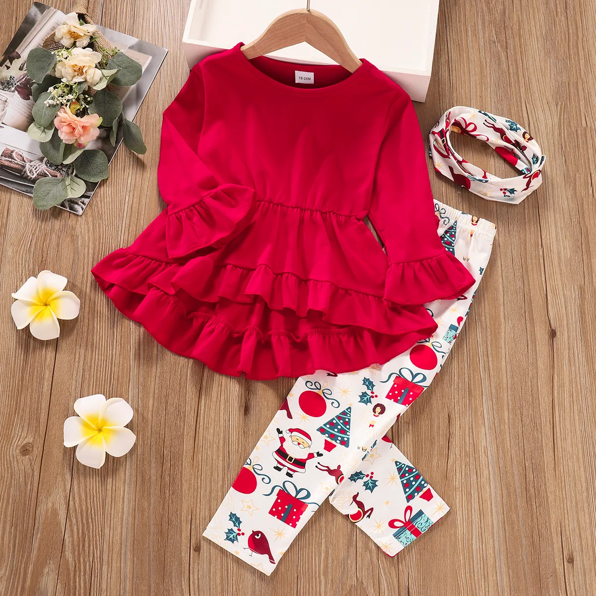 3-piece Toddler Girl Ruffle Hem Long Bell sleeves Red Top, Santa Christmas Tree Print Pants and Scarf Set  big image 1