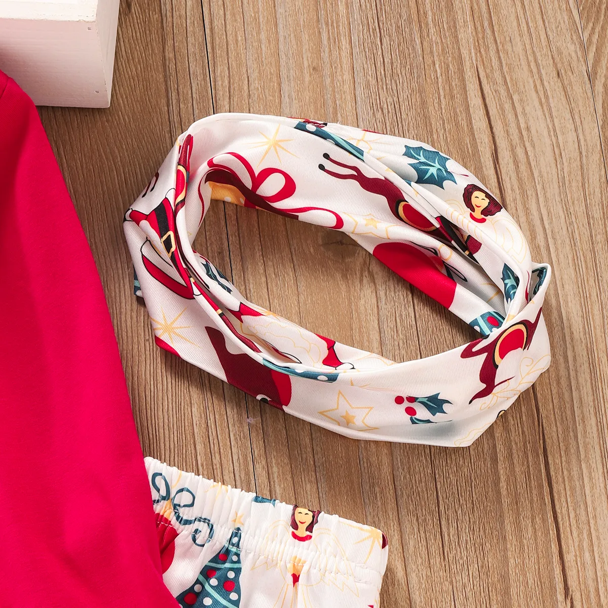 3-piece Toddler Girl Ruffle Hem Long Bell sleeves Red Top, Santa Christmas Tree Print Pants and Scarf Set  image 6
