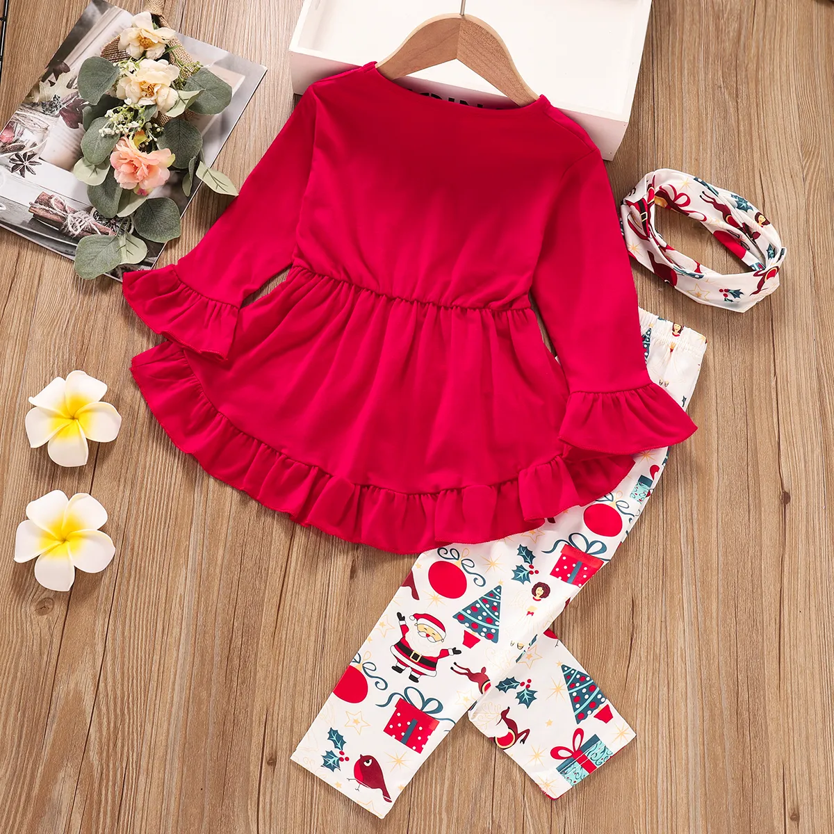 3-piece Toddler Girl Ruffle Hem Long Bell sleeves Red Top, Santa Christmas Tree Print Pants and Scarf Set  image 2