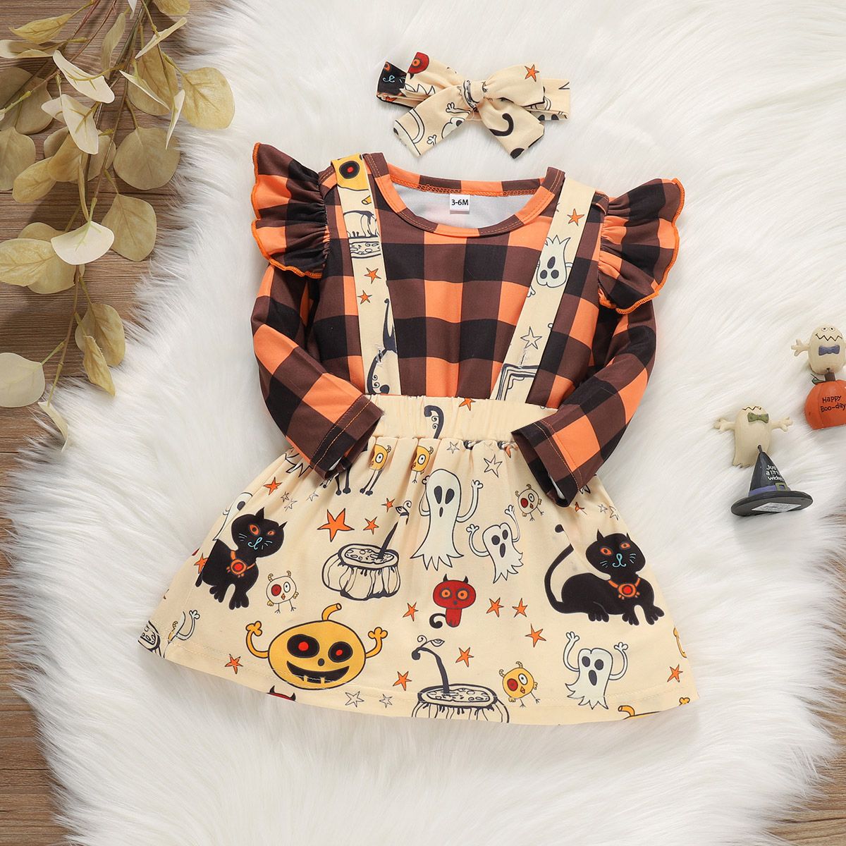 3pcs Halloween Style Plaid Print Ruffle Decor Long-sleeve Orange Baby Set