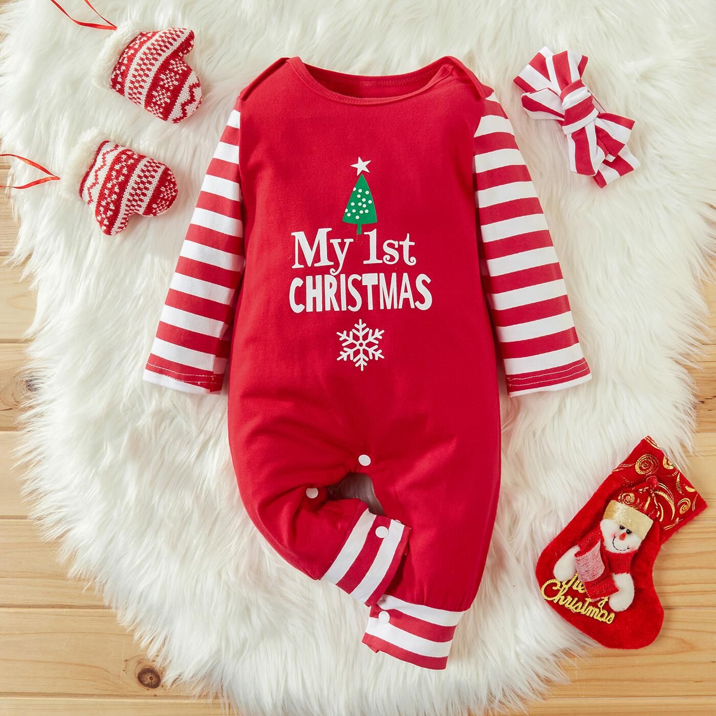 

Baby 2pcs Christmas Letter Print and Striped Red Long-sleeve Jumpsuit Set