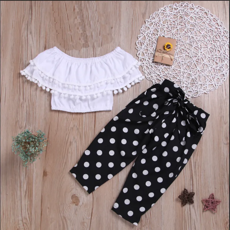 2-piece Fashionable Off Shoulder Pompon Flounced Top and Polka Dots Pants Set Black/White big image 1
