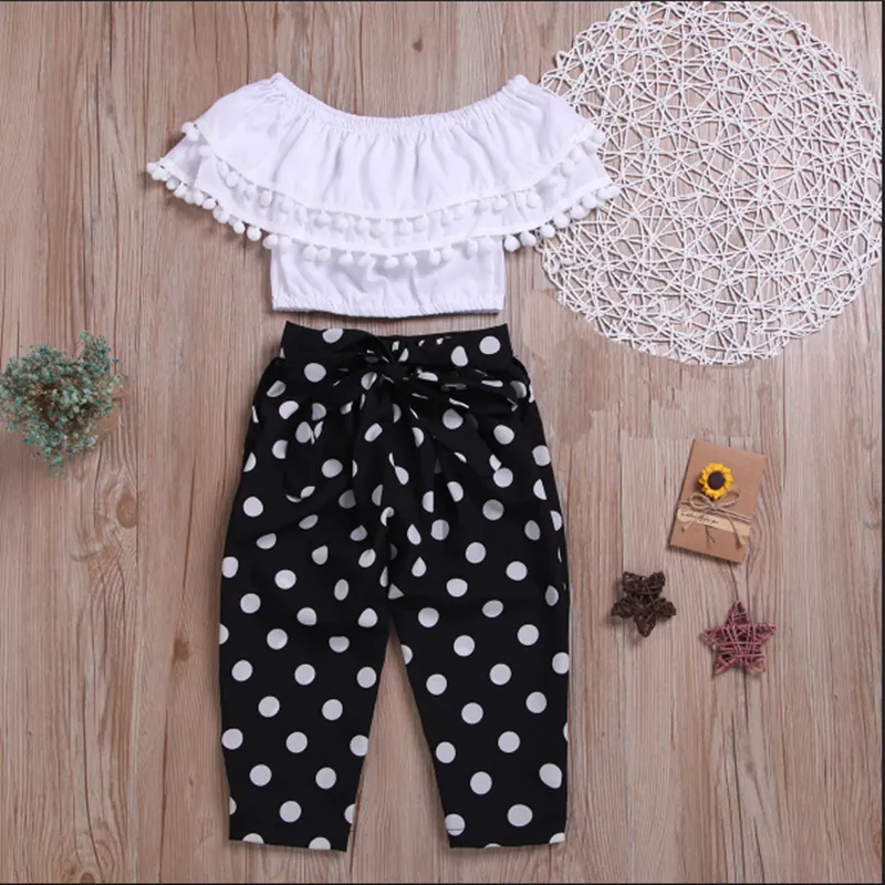 2-piece Fashionable Off Shoulder Pompon Flounced Top and Polka Dots Pants Set  big image 1