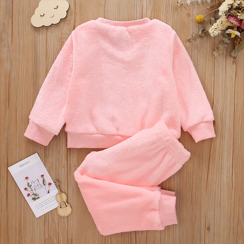 2-piece Toddler Girl Cat Pattern Fuzzy Pullover and Pink Pants Set Light Pink big image 1