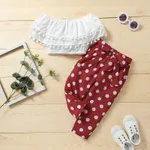 2-piece Fashionable Off Shoulder Pompon Flounced Top and Polka Dots Pants Set Red/White