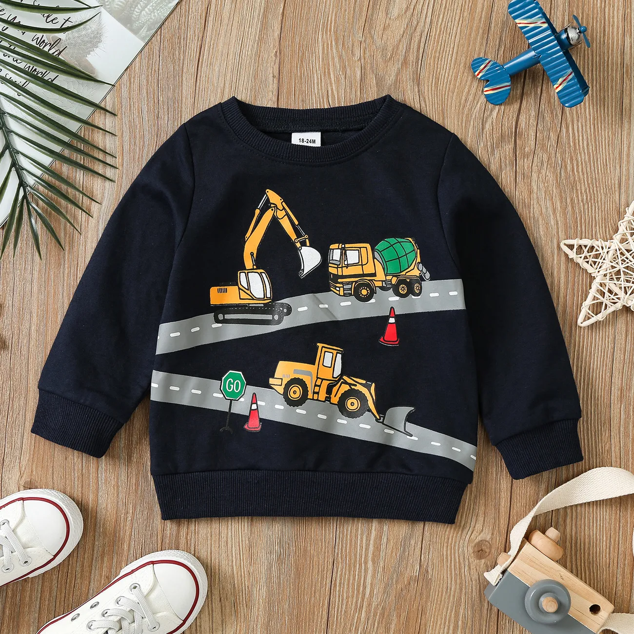 Toddler Boy 100% Cotton Vehicle Excavator Print Casual Pullover Sweatshirt Dark Blue big image 1