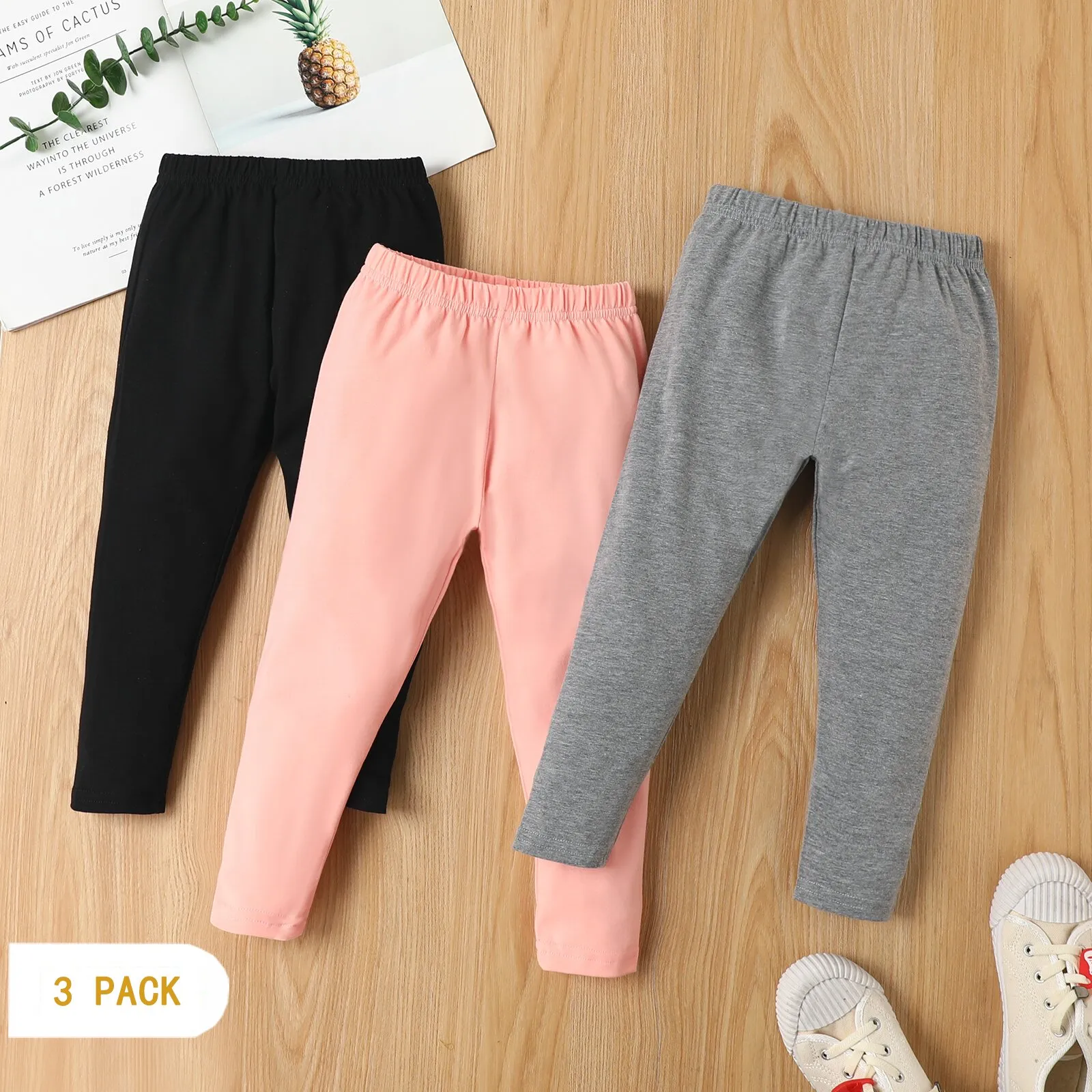 3-Pack Toddler Girl 100% Cotton Solid Color Elasticized Leggings Multi-color big image 1