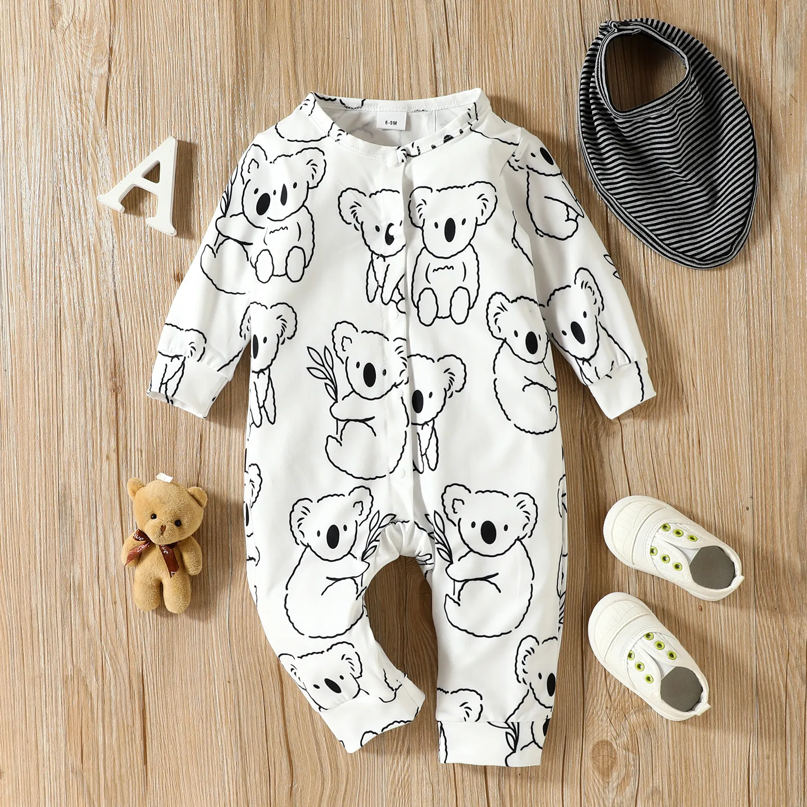 2pcs Baby Boy Allover Koala Print Long-sleeve Button Jumpsuit with Striped Bib Set