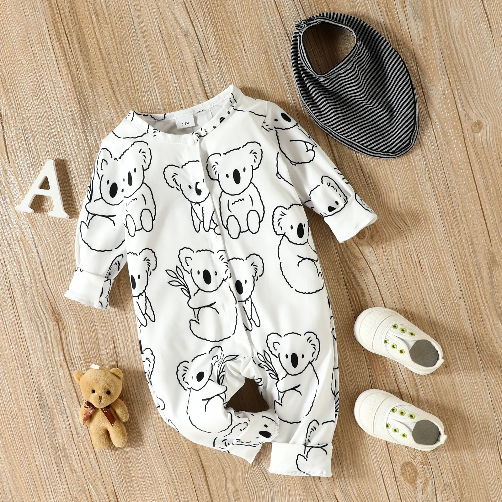 2pcs Baby Boy Allover Koala Print Long-sleeve Button Jumpsuit with Striped Bib Set  image 3