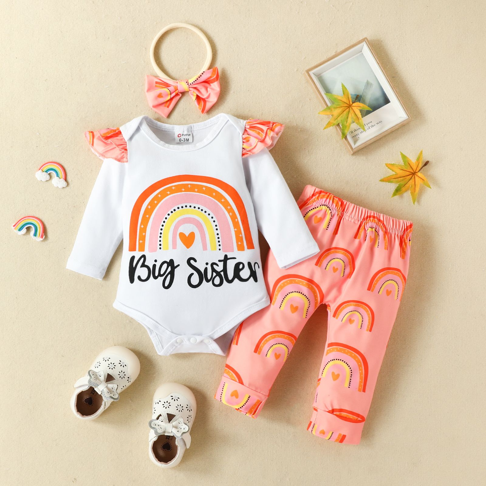 

3pcs Baby Girl Rainbow & Letter Print Ruffle Long-sleeve Romper and Pants with Headband Set