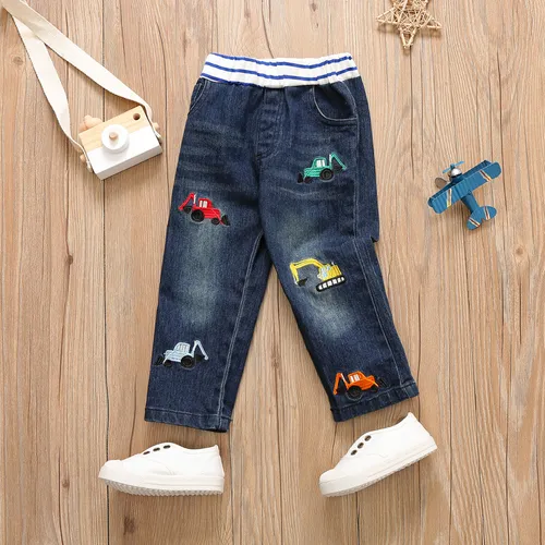 Toddler Boy Playful Vehicle Embroidered Elasticized Denim Jeans