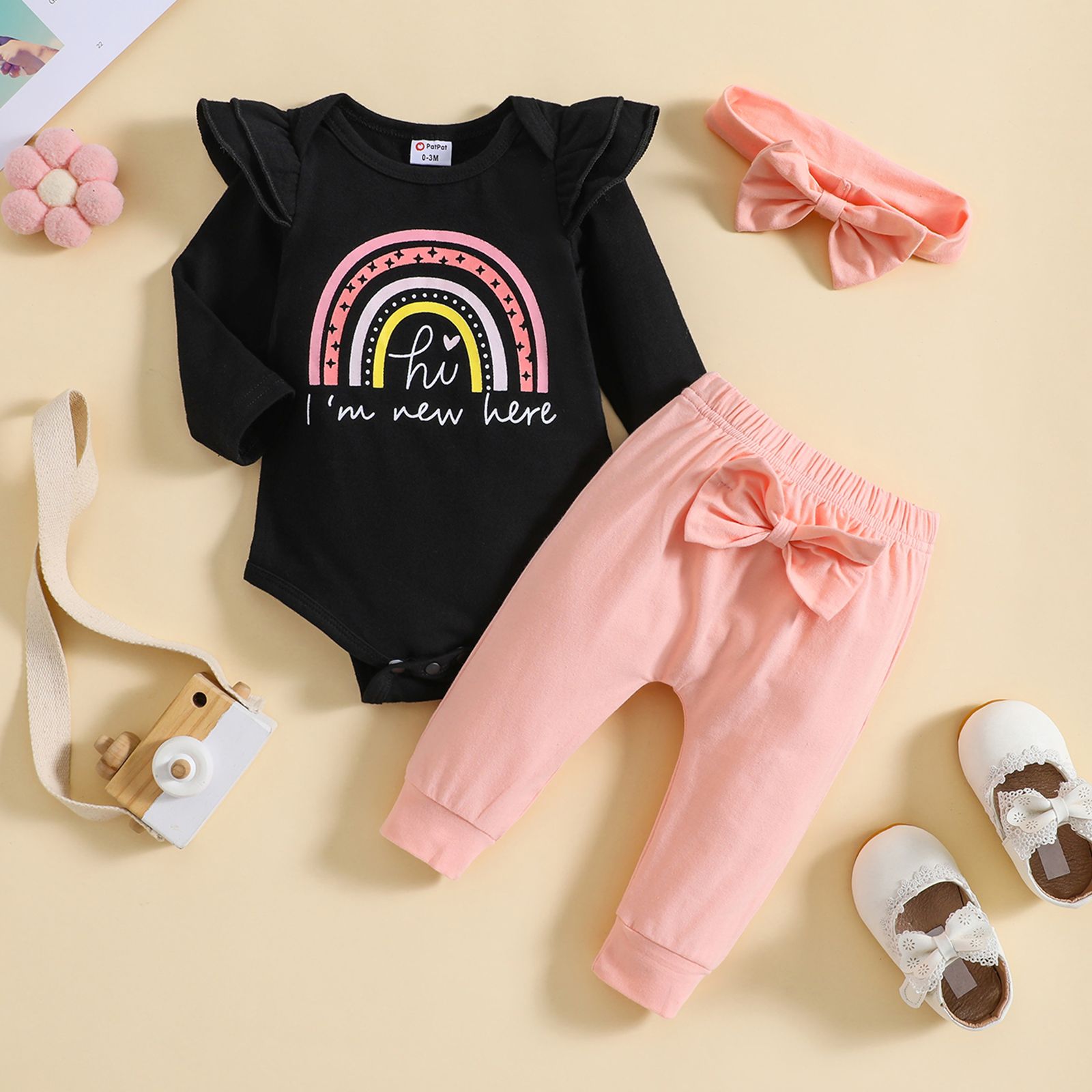 3pcs Baby Girl 95% Cotton Letters & Rainbow Print Ruffle Long-sleeve Bodysuit And Bow Decor Solid Pants & Headband Set