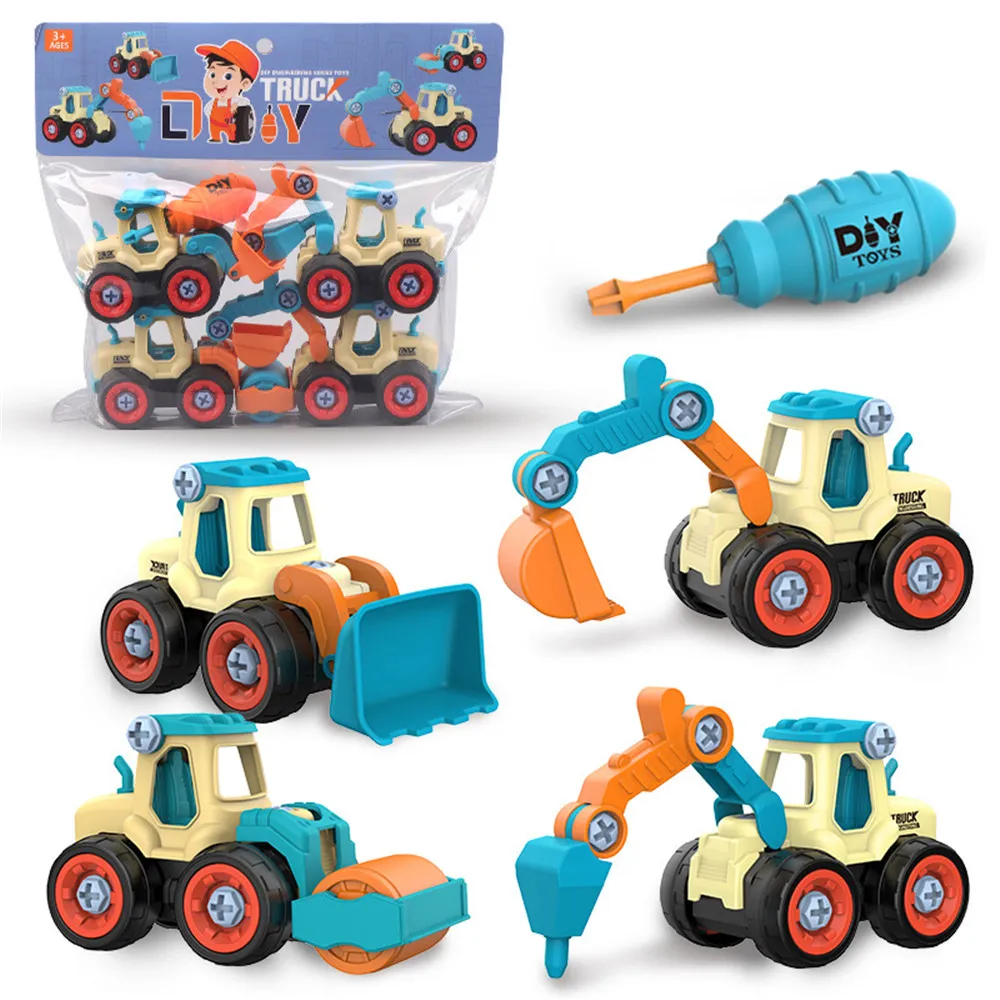 Brinquedos de veículos de engenharia de 4 pacotes para meninos caminhões conjunto de construção de haste de carro conjunto de construção de veículos de engenharia educacional brinquedos de carro Multicolorido big image 1