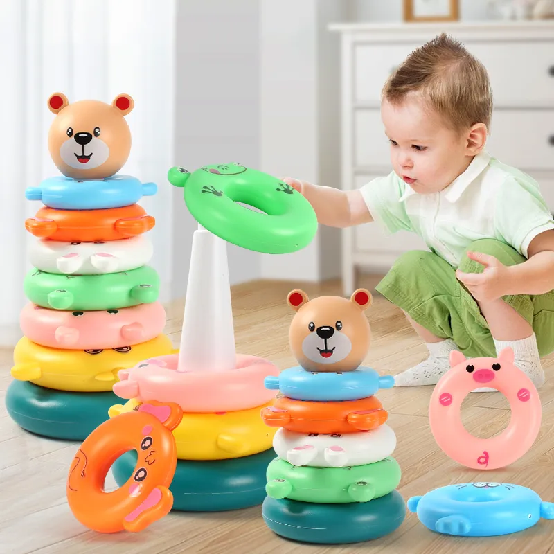 Rainbow Animal Tower Stacking Circle Nesting Circle Toy Kids Early Childhood Education Puzzle Ring Toy Kids Toys