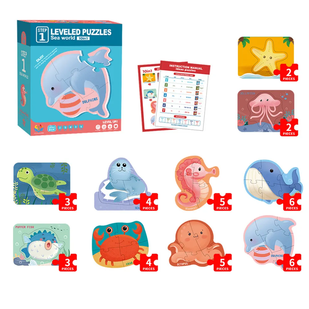 2-6Pcs Toddlers Leveled Puzzles Preschool Learning Jigsaw Puzzles Sea Animals Vehicles for Ages 1.5-2