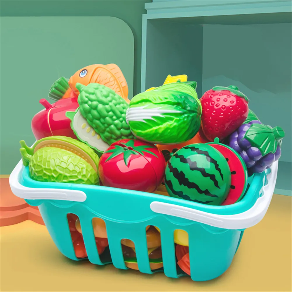 16Pcs BPA Free Plastic Cutting Play Food Toy Kids Cuttable Fruits Vegetables Set with Knives & Cutting Board & Plates (Knife Color Random) big image 2
