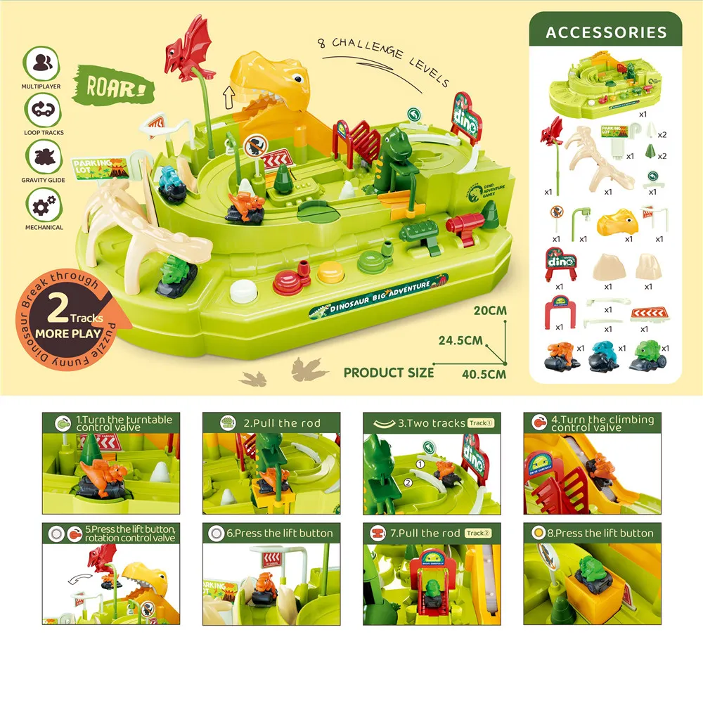 Dinosaur Adventure Curved Road Track Rail Vehicle Parking Lot Dinosaur Toys Car for Gifts Kids Boys  image 6