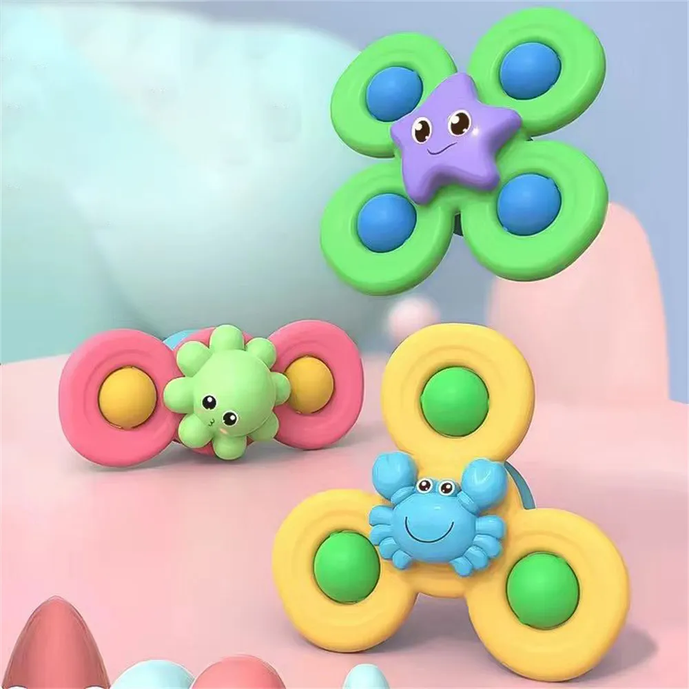 3-pack bebê banho girador brinquedo com copo de sucção rotativa spinning top brinquedo animal spin bebê banho brinquedos cadeiras de jantar brinquedos moinho de vento  image 2