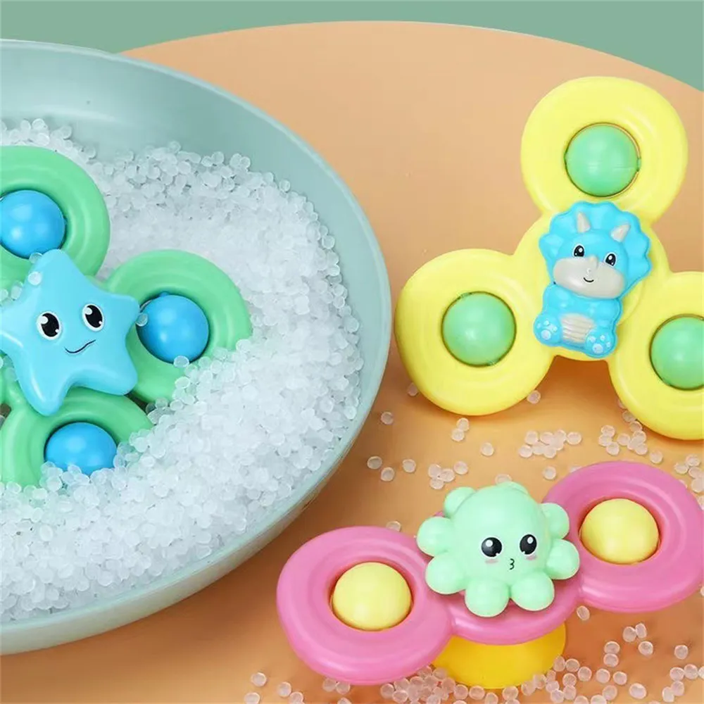 3-pack bebê banho girador brinquedo com copo de sucção rotativa spinning top brinquedo animal spin bebê banho brinquedos cadeiras de jantar brinquedos moinho de vento  image 3