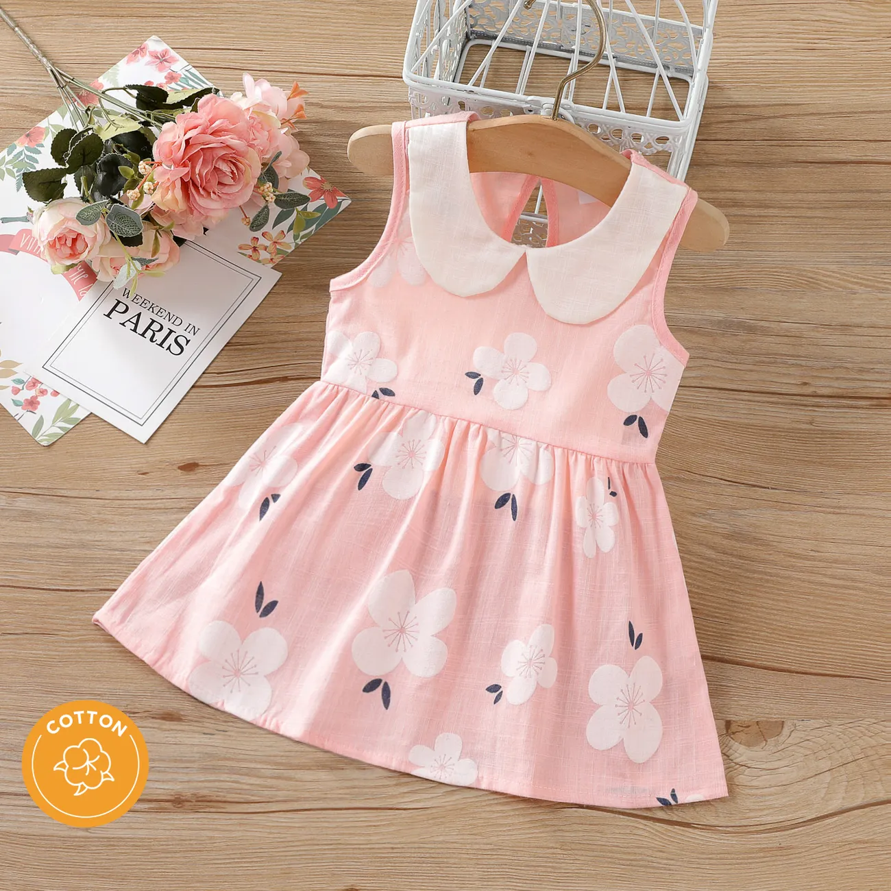 Toddler Girl 100% Cotton Sweet Floral Print Doll Collar Tank Dress Pink big image 1