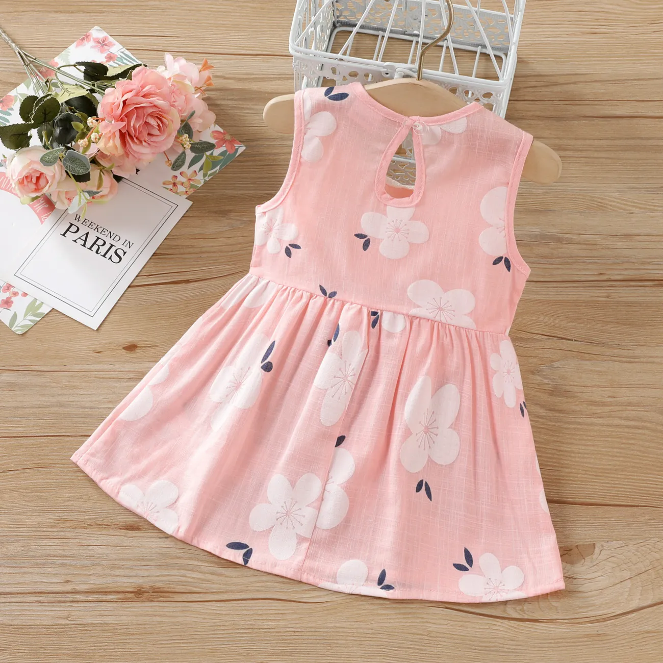 Toddler Girl 100% Cotton Sweet Floral Print Doll Collar Tank Dress Pink big image 1
