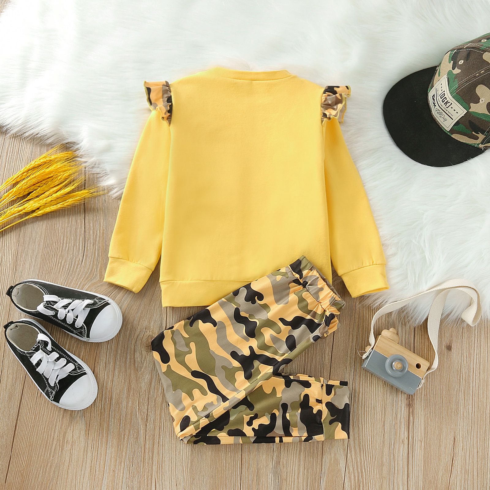 

2-piece Toddler Girl Ruffle Letter Print Long-sleeve Tee and Camouflage Print Pants Set