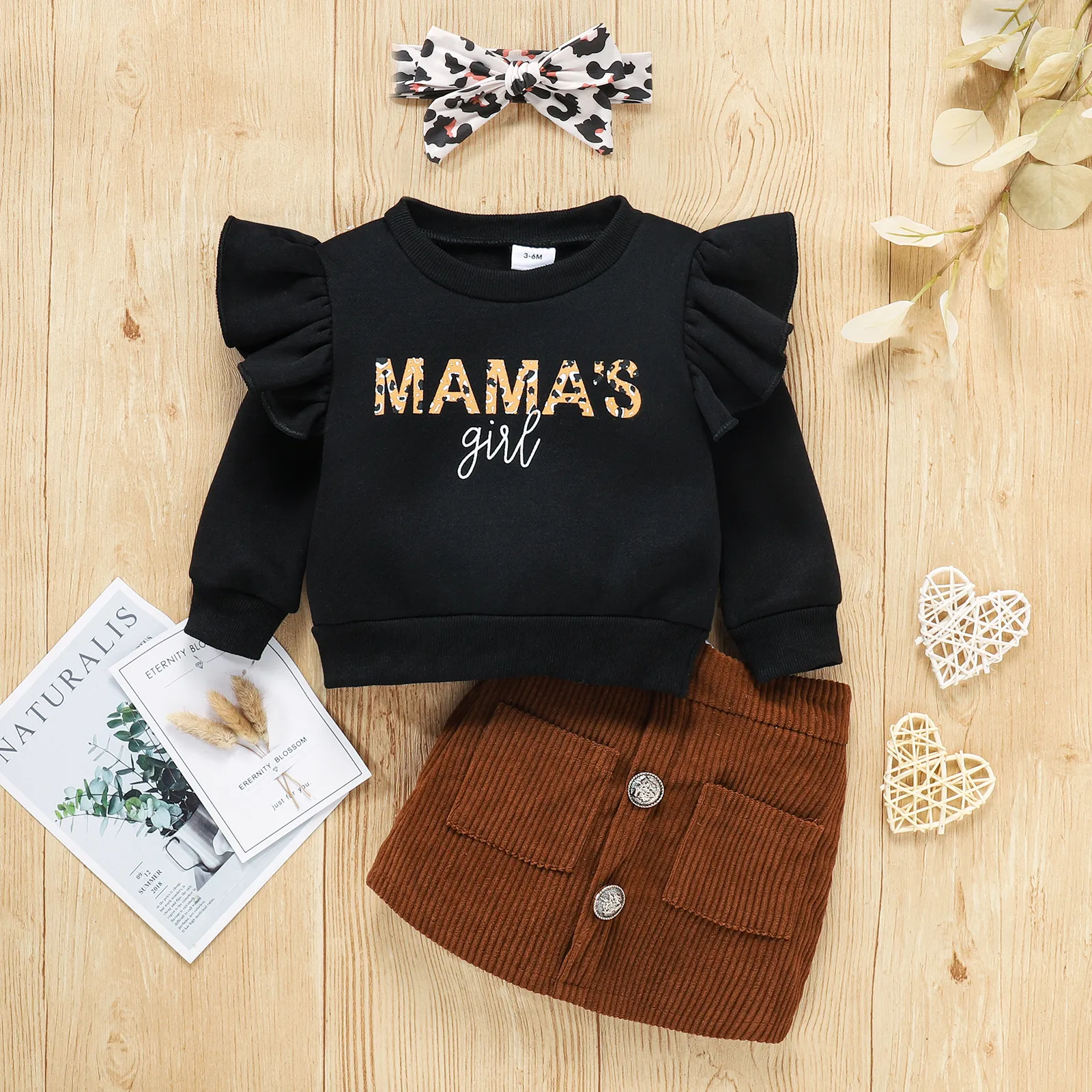 3pcs Letter Print Long-sleeve Ribbed Baby Set Black image 2