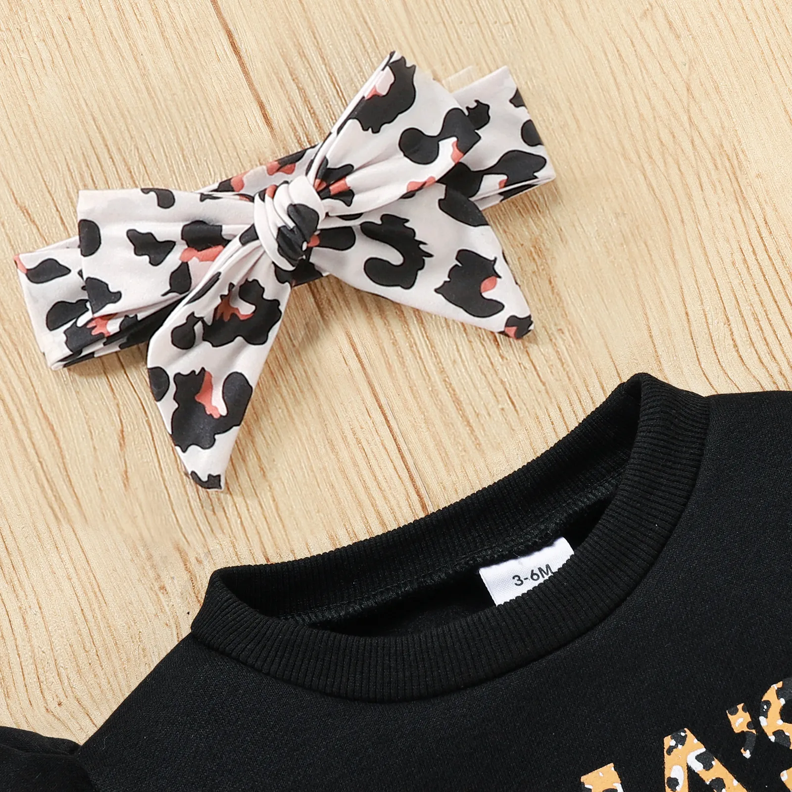 3pcs Letter Print Long-sleeve Ribbed Baby Set Black image 3