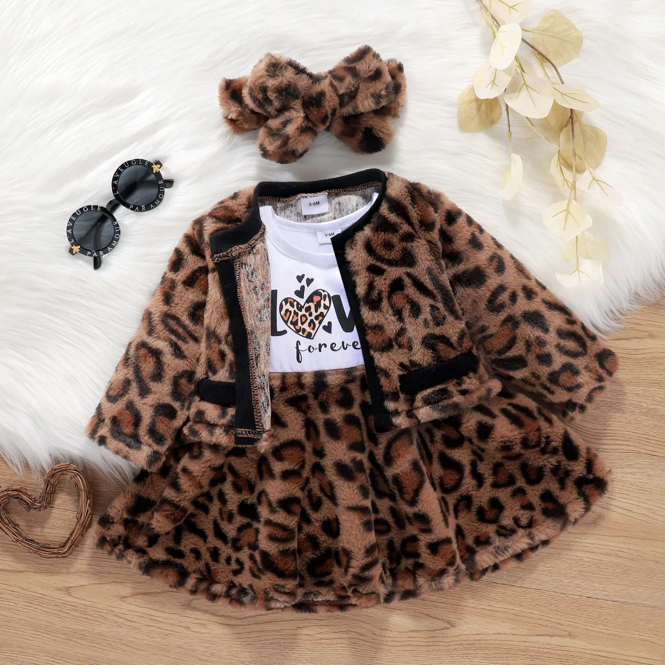 3pcs Baby Girl 95% Cotton Long-sleeve Letter Print Splice Leopard Fleece Dress and Cardigan with Headband Set Khaki big image 1