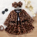 3pcs Baby Girl 95% Cotton Long-sleeve Letter Print Splice Leopard Fleece Dress and Cardigan with Headband Set Khaki image 6
