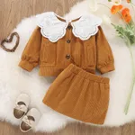 2pcs Solid Doll Collar Corduroy Long-sleeve Baby Set Khaki