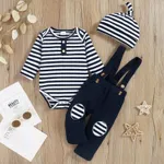 Baby 3pcs Ribbed Stripe Print Long-sleeve Romper and Waffle Overalls Set Deep Blue