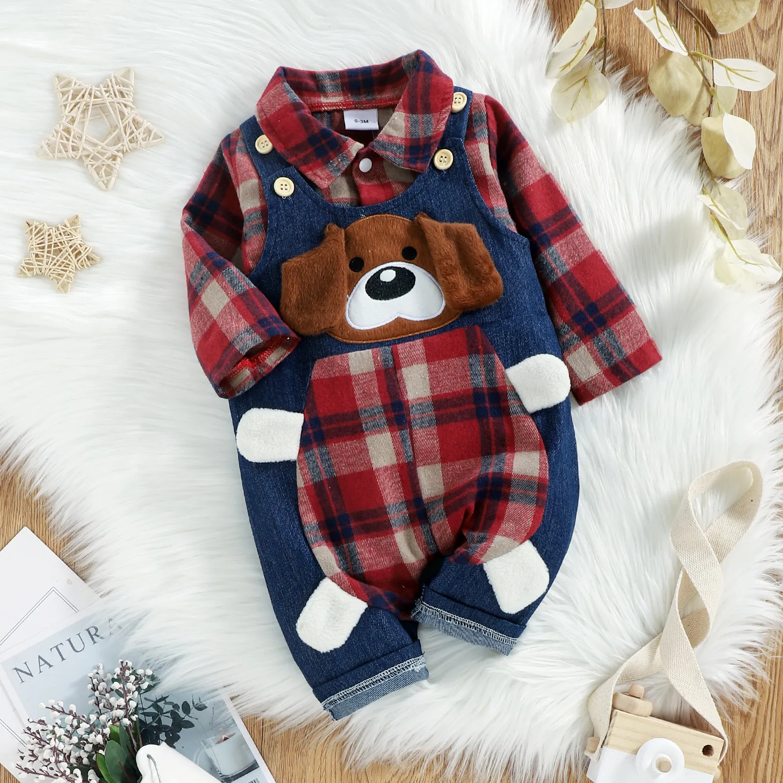 2pcs Baby Red Plaid Long-sleeve Shirt Romper and 100% Cotton Denim Overalls Set