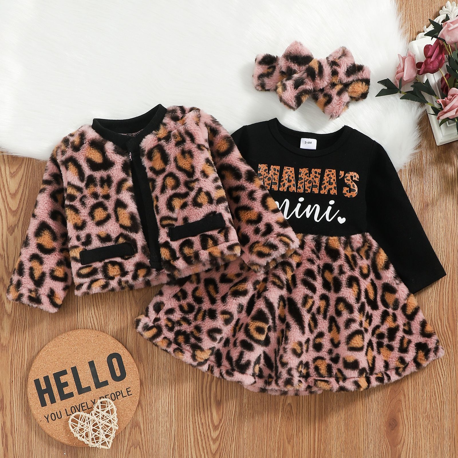 

3pcs Baby Girl 95% Cotton Long-sleeve Letter Print Splice Leopard Fleece Dress and Cardigan with Headband Set