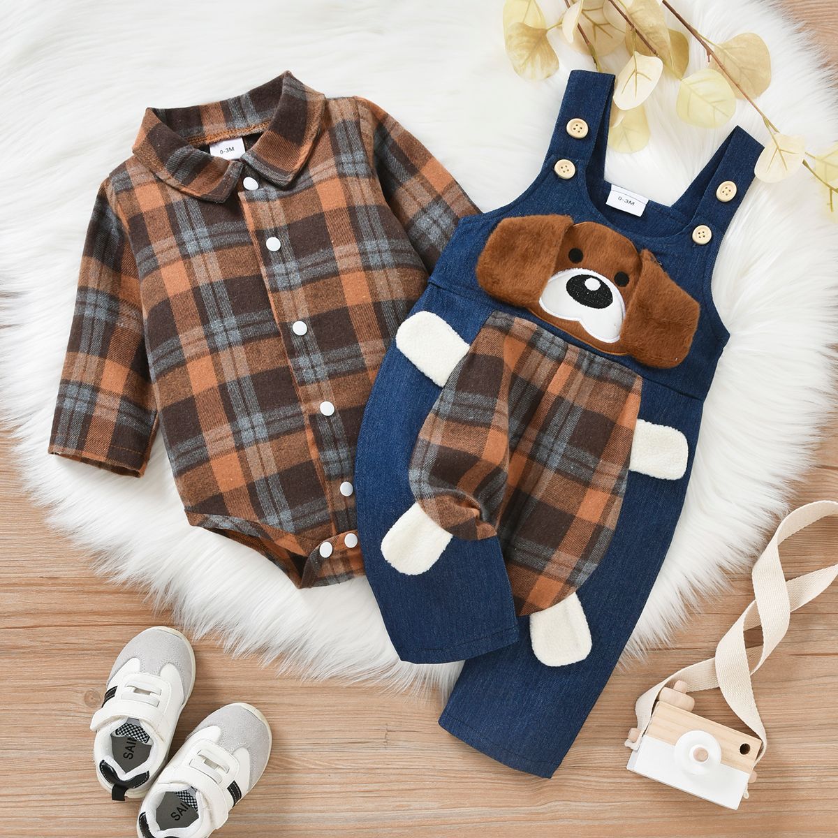 2pcs Baby Red Plaid Long-sleeve Shirt Romper And 100% Cotton Denim Overalls Set