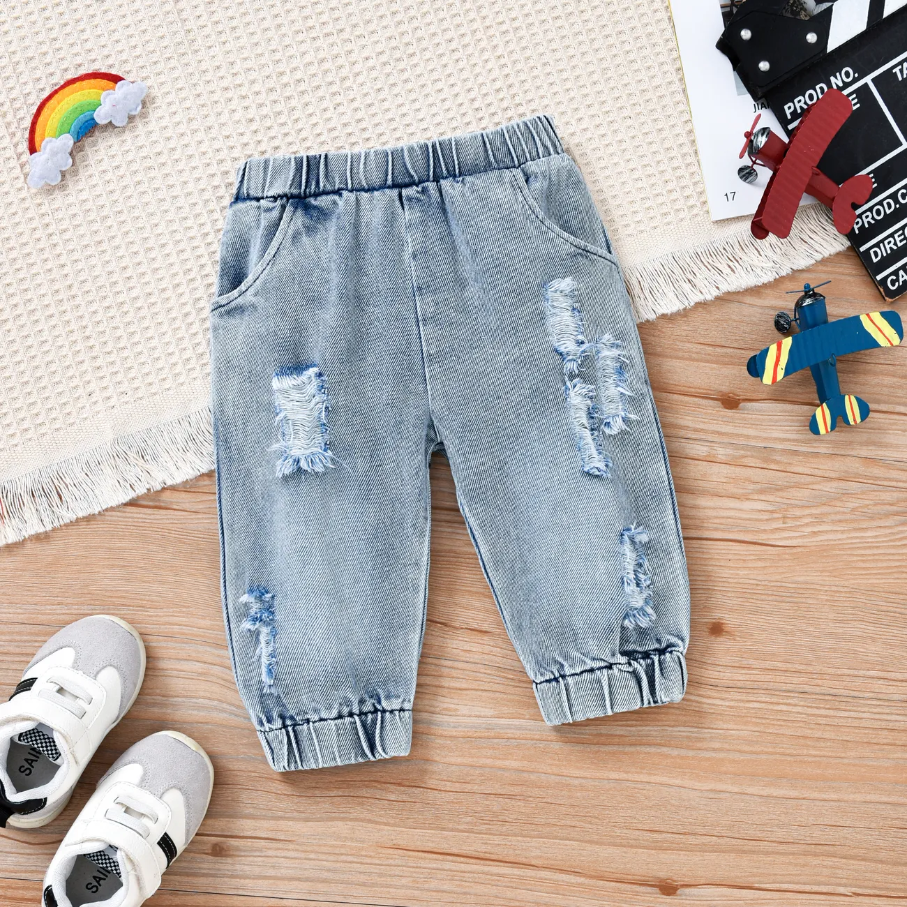 2pcs Baby Boy/Girl Rainbow Long-sleeve Sweatshirt and 100% Cotton Denim Ripped Jeans Set Beige big image 1