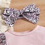 2pcs Baby Girl Letter Print Pink Ribbed Long-sleeve Splicing Leopard Ruffle Jumpsuit with Headband Set Pink image 4