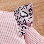 2pcs Baby Girl Letter Print Pink Ribbed Long-sleeve Splicing Leopard Ruffle Jumpsuit with Headband Set Pink image 5
