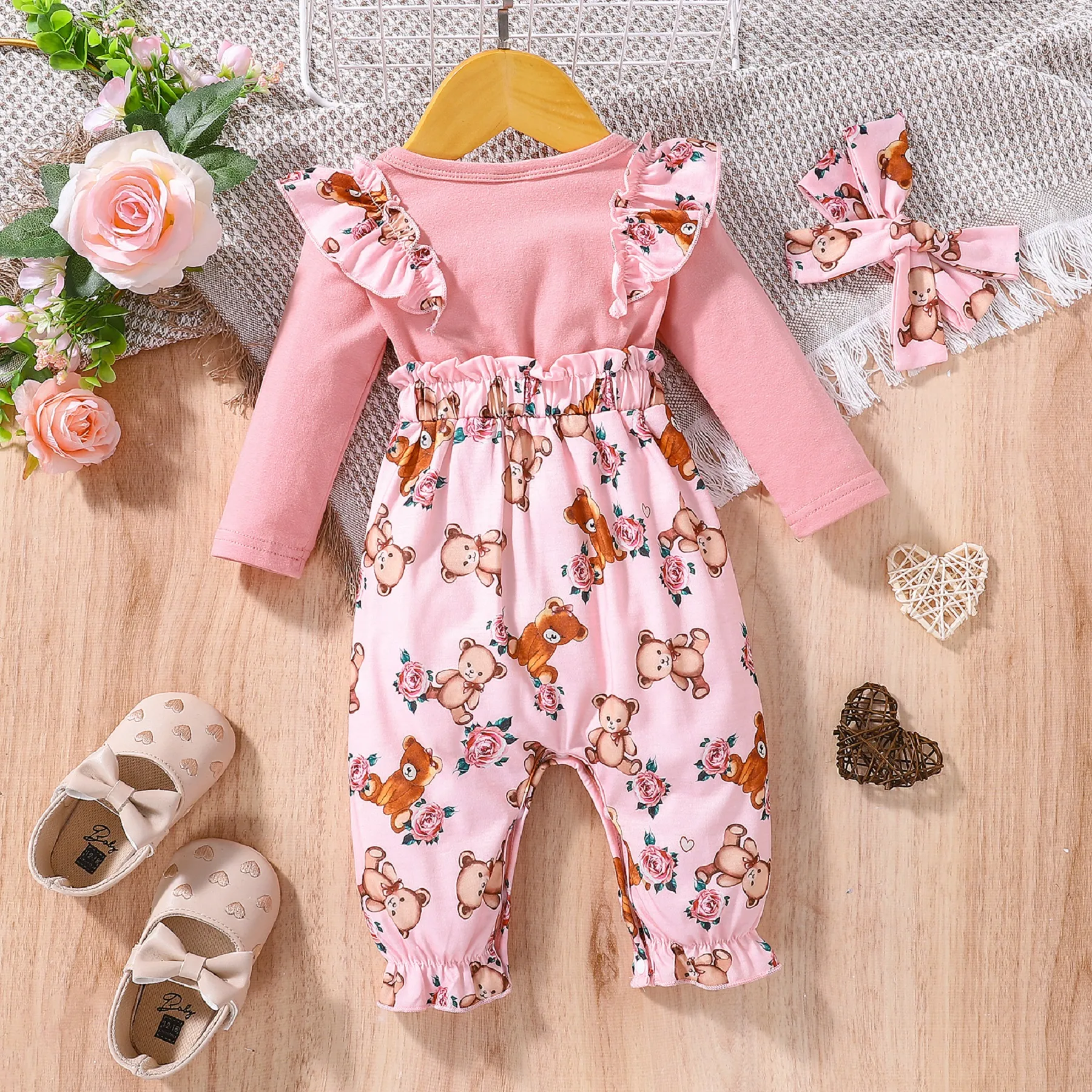 2 unidades Bebé Menina Extremidades franzidas Urso Infantil Manga comprida Macacão Rosa image 2
