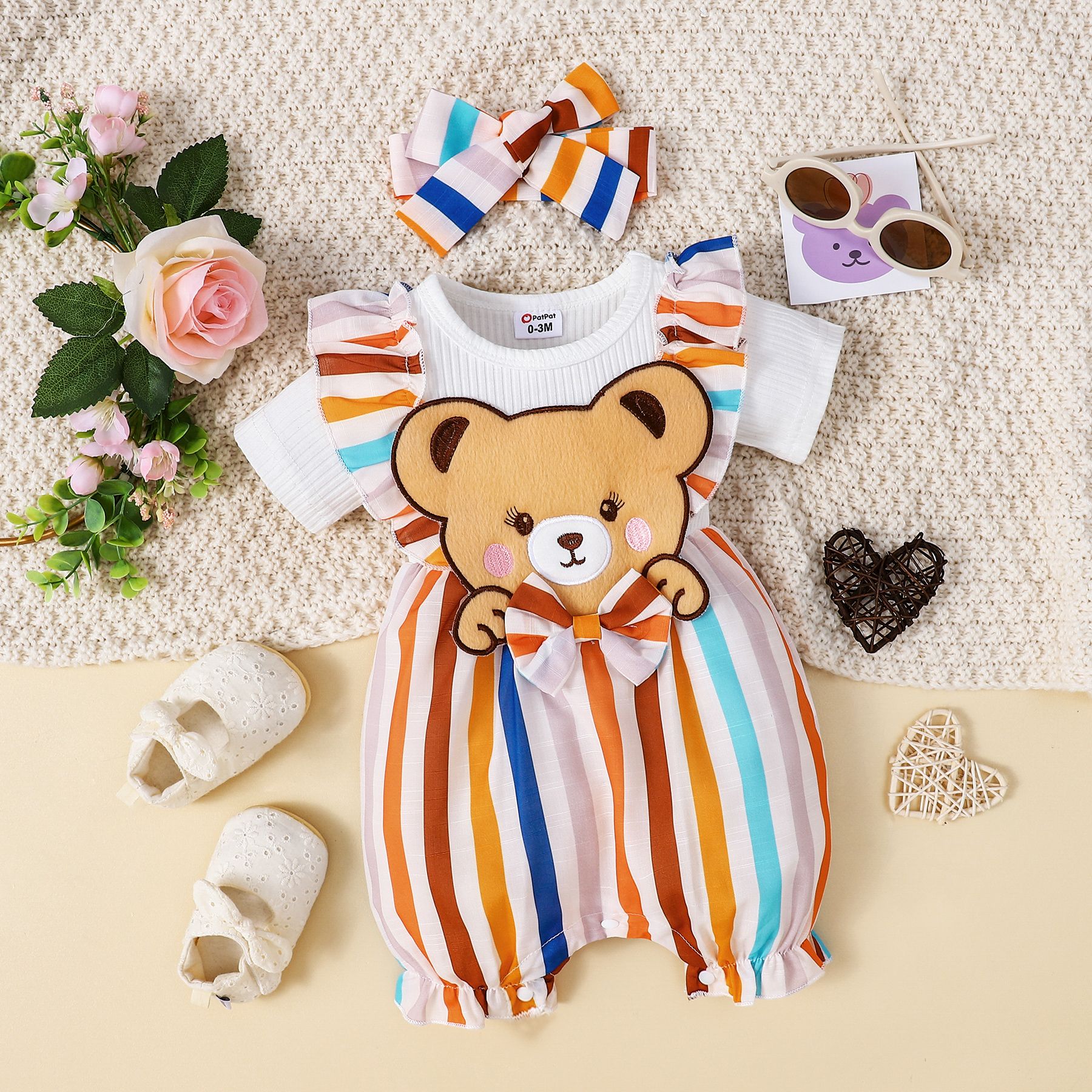 

2pcs Baby Girl 95% Cotton Rib Knit Short-sleeve Cartoon Bear Design Striped Ruffle Trim Jumpsuit with Headband Set