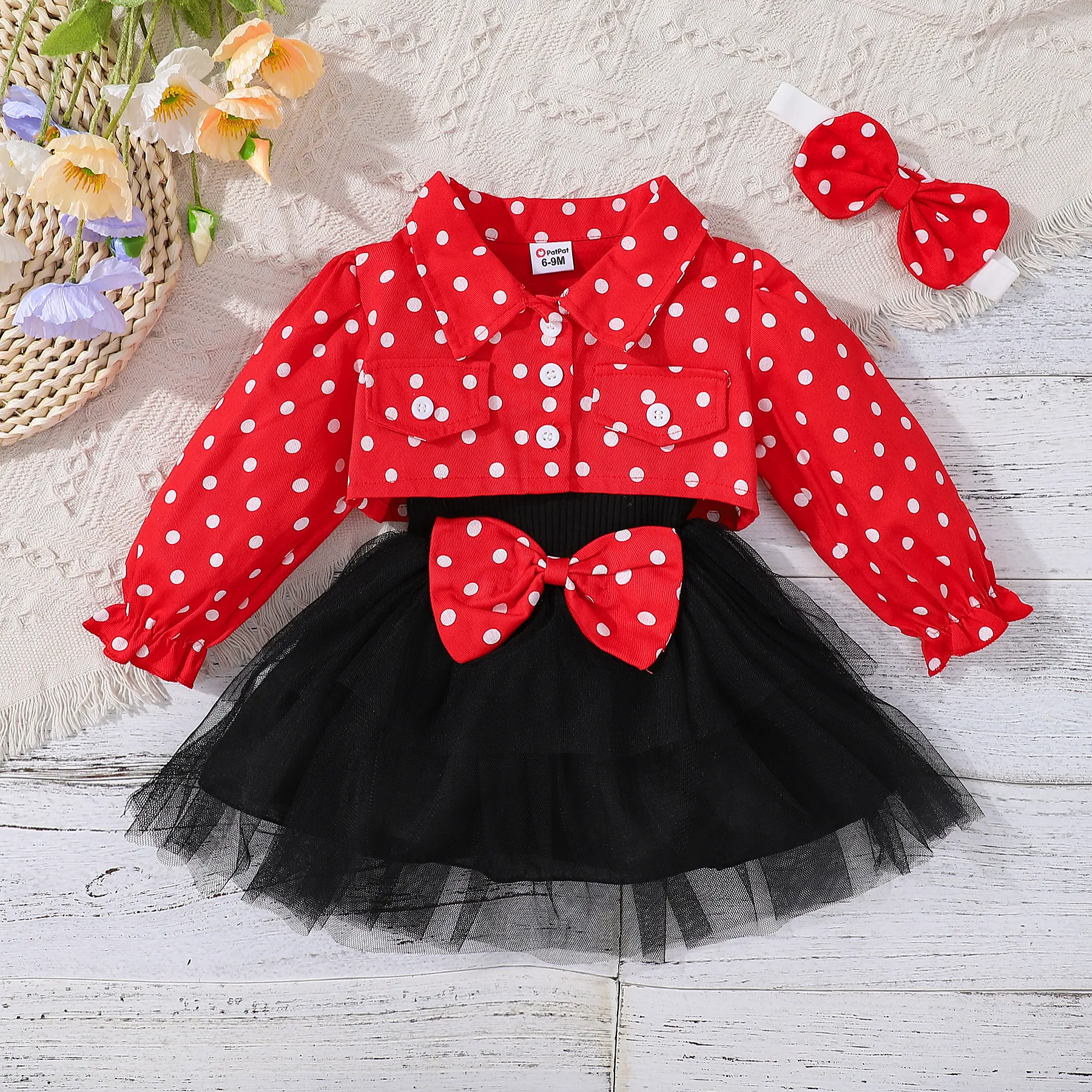 3pcs Baby Girl 100% Cotton Long-sleeve Polka Dots Crop Jacket and Rib Knit Spliced Mesh Cami Fairy Dress with Headband Set Black image 3