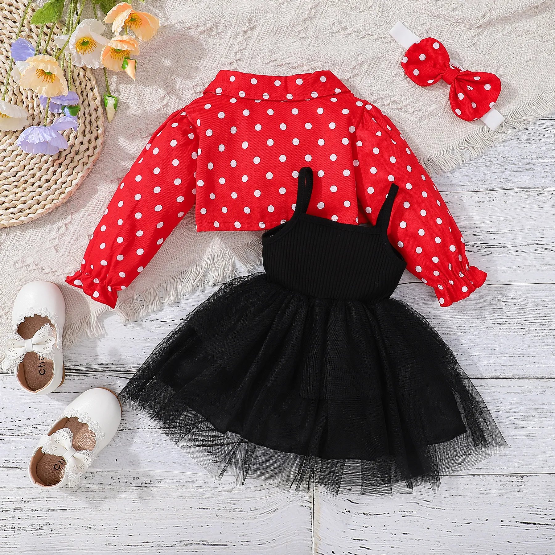 3pcs Baby Girl 100% Cotton Long-sleeve Polka Dots Crop Jacket and Rib Knit Spliced Mesh Cami Fairy Dress with Headband Set Black image 2