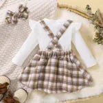 3pcs Baby Girl 95% Cotton Rib Knit Long-sleeve Romper and Cartoon Embroidered Plaid Overall Dress with Headband Set  image 3