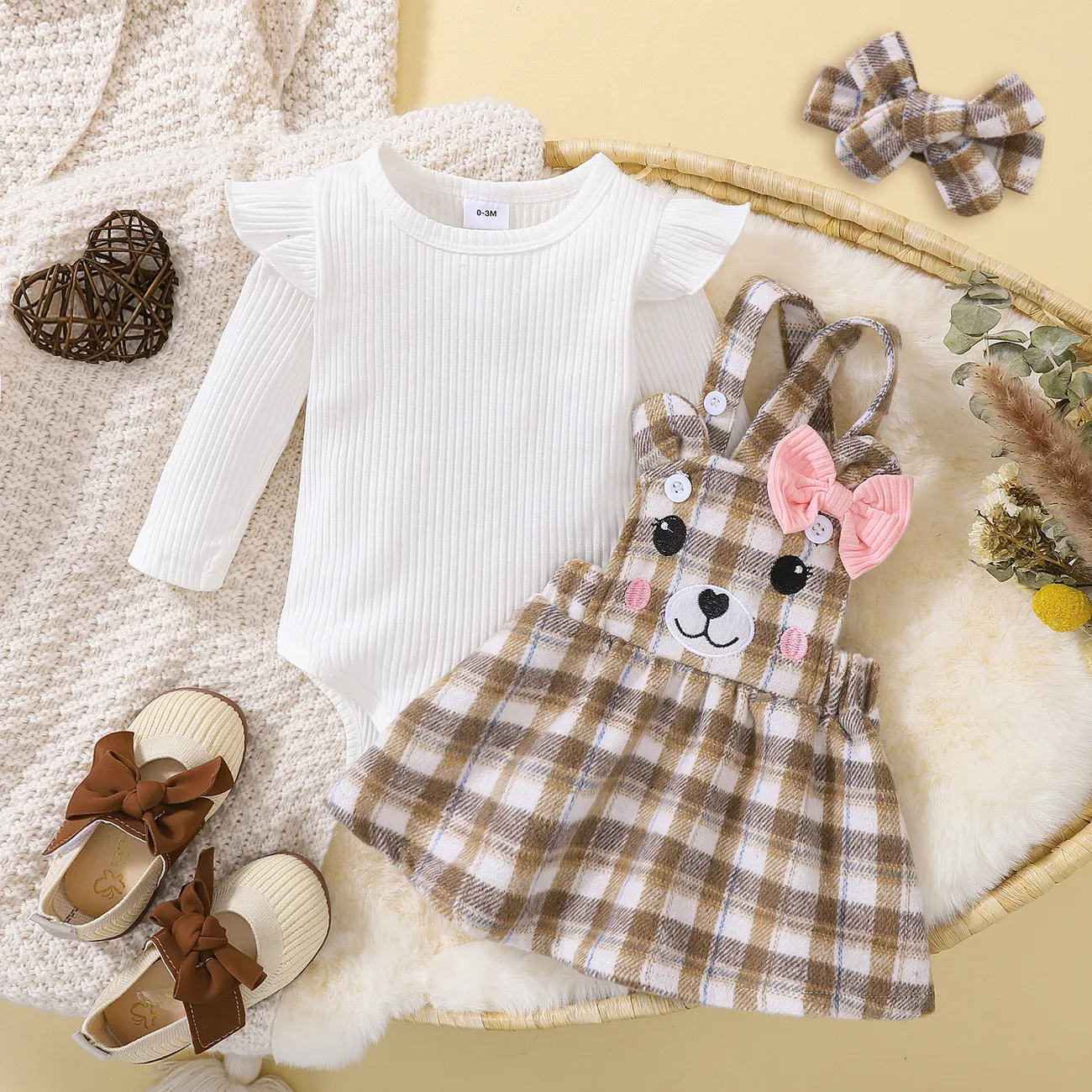 3pcs Baby Girl 95% Cotton Rib Knit Long-sleeve Romper and Cartoon Embroidered Plaid Overall Dress with Headband Set  big image 1