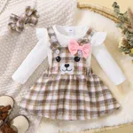 3pcs Baby Girl 95% Cotton Rib Knit Long-sleeve Romper and Cartoon Embroidered Plaid Overall Dress with Headband Set  image 2
