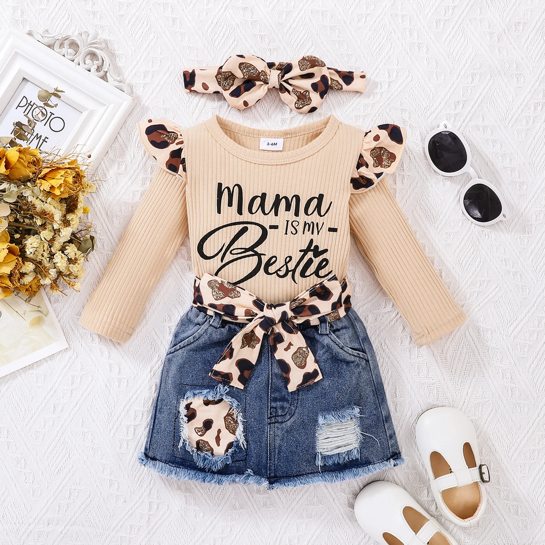 Baby Girl 3pcs Letter Print Romper And Leopard Print Belted Ripped Denim Skirt With Headband Set/ 6 Pairs Of Socks/ Shoes