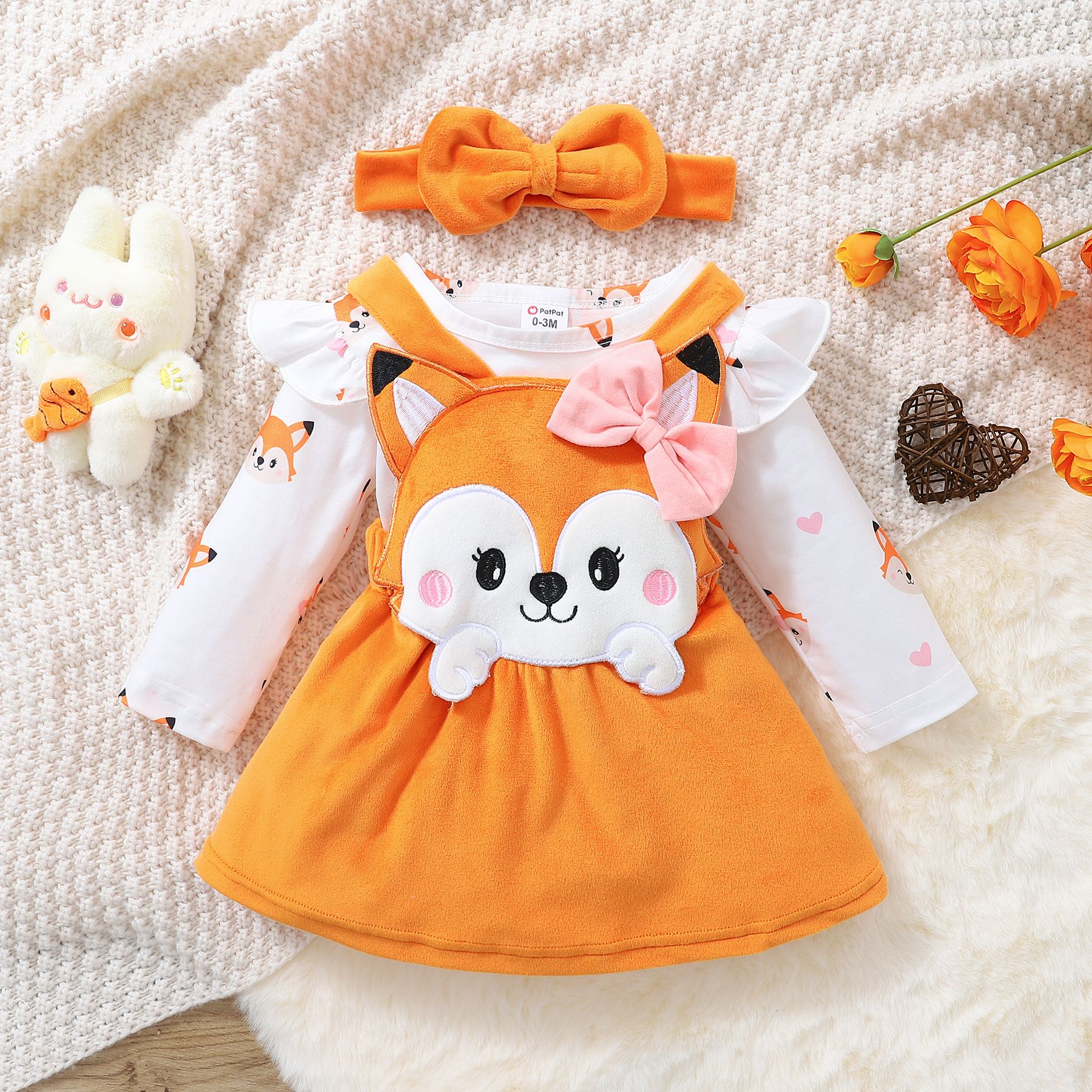 

3pcs Baby Girl Allover Fox Print Ruffle Trim Long-sleeve Romper and Overall Dress with Headband Set