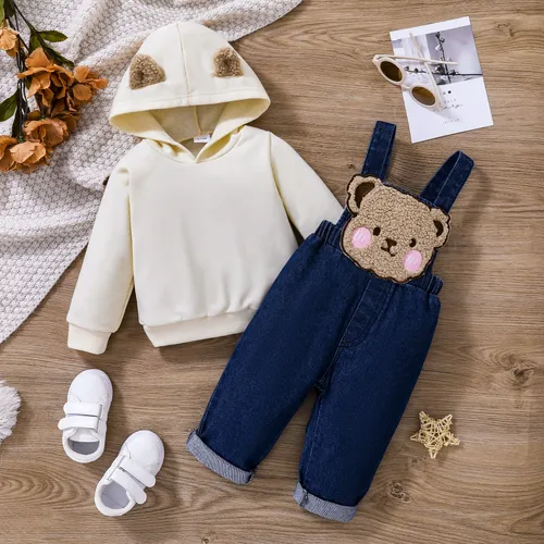 2pcs Baby Boy/Girl 100% Cotton Bear Embroidered Denim Overalls Solid Long-sleeve 3D Ears Hoodie Set