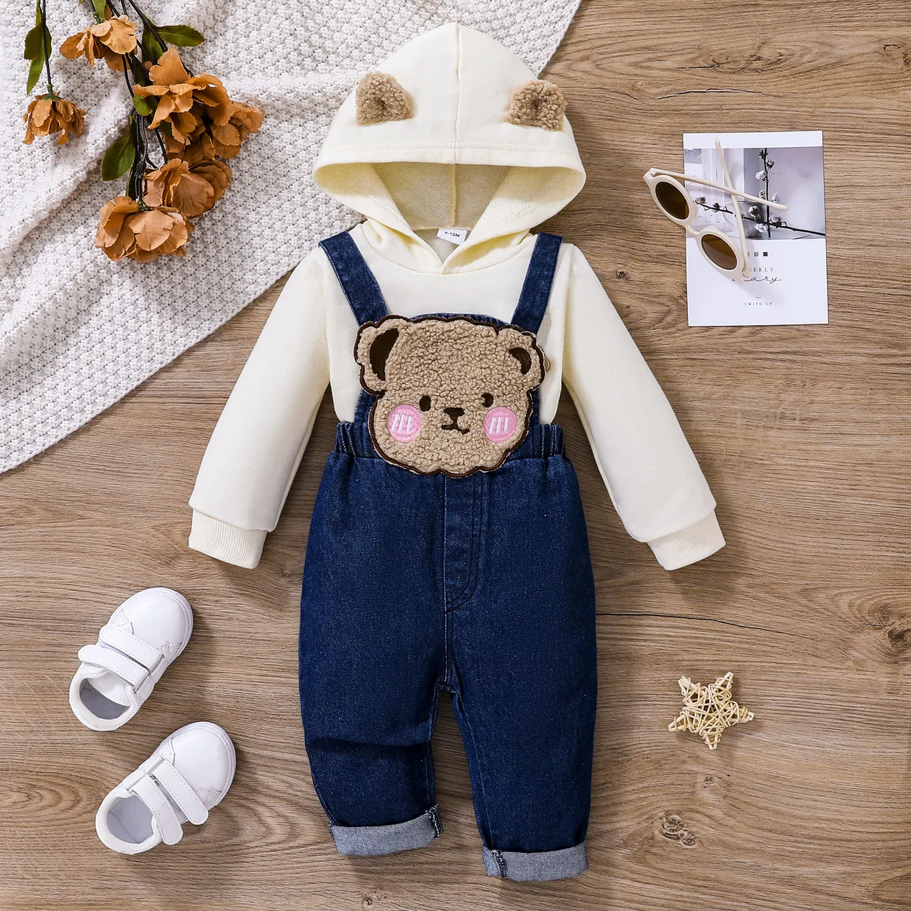 2pcs Baby Boy/Girl 100% Cotton Bear Embroidered Denim Overalls Solid Long-sleeve 3D Ears Hoodie Set Apricot big image 1