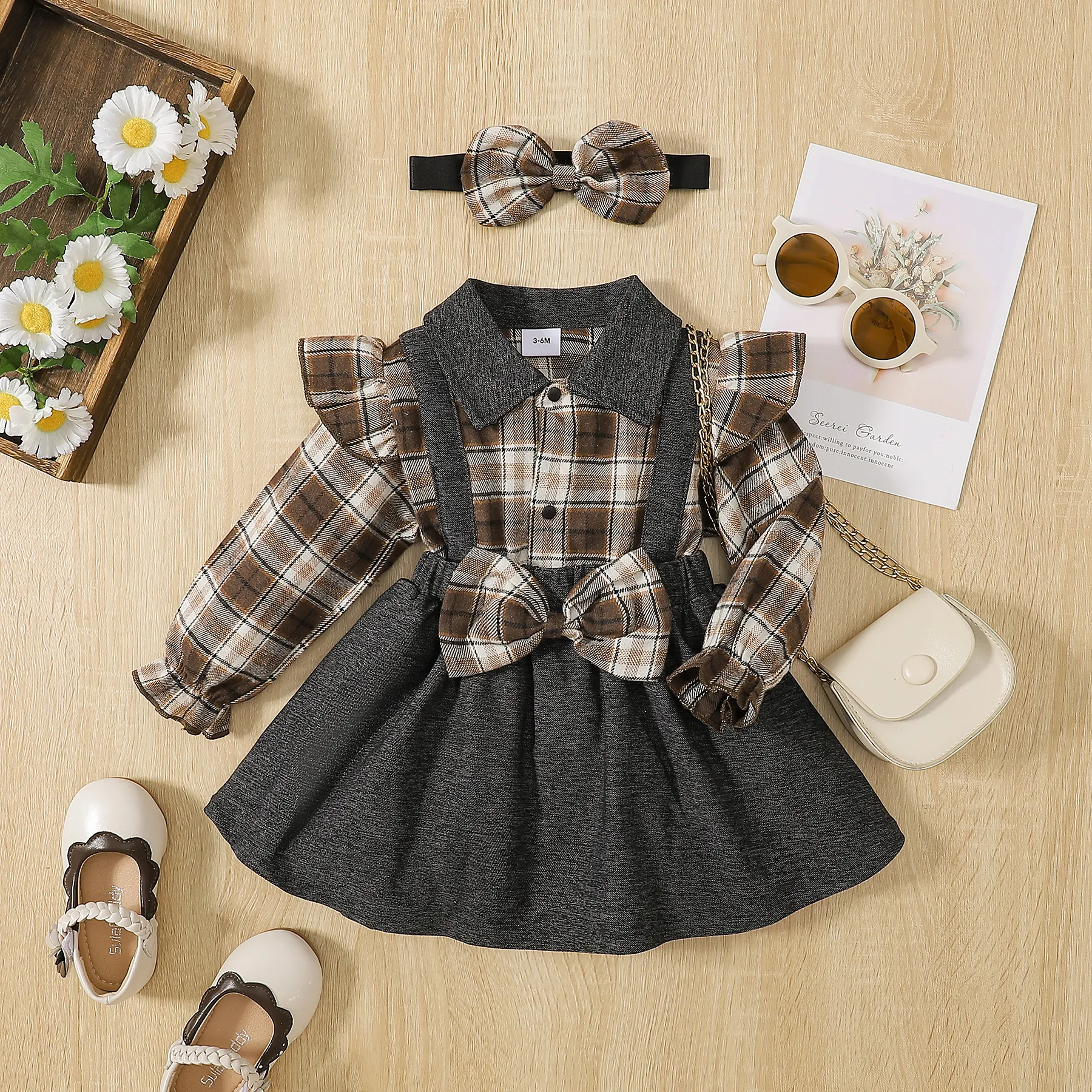 2pcs Baby Girl 100% Cotton Plaid Ruffle Bow Front Spliced Long-sleeve Dress with Headband Set